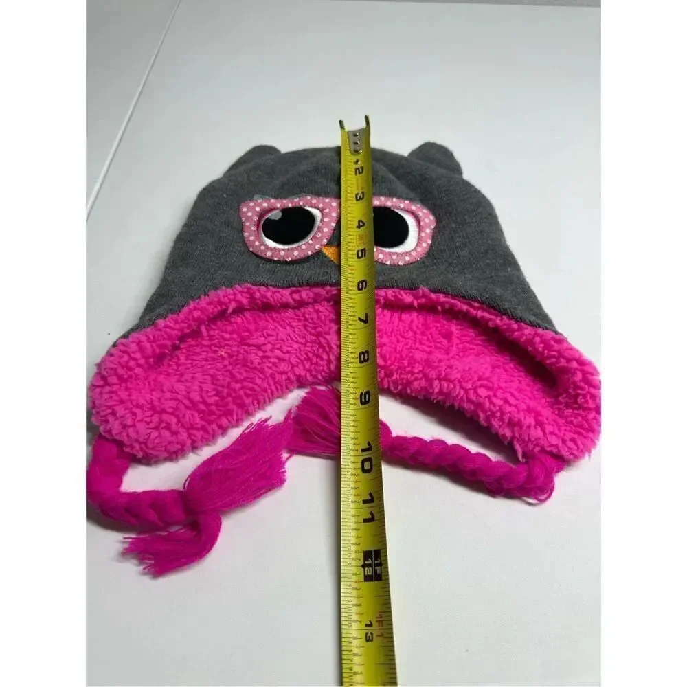 Girl Owl Beanie Hat Gray Pink Lined Fleece One Size